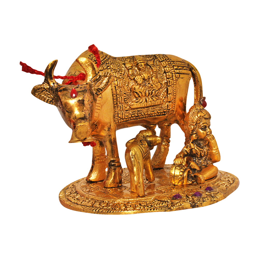 Kamdhenu Cow with Calf Metal Decor Religious Items 5 Inch